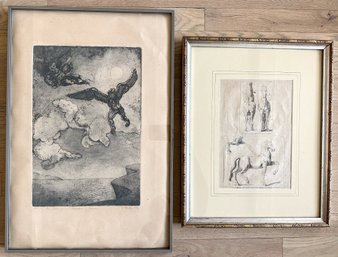 'Daedalus & Icarus' Signed 1976 Etching & Framed Vintage Anatomical Horse Print