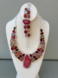 Red Agate, Dichronic Glass, Ruby Glass And Red Jade Sterling Necklace And Bracelet Jewelry Set