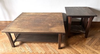Large Vintage Solid Wood Mission Style Coffee Table With Bottom Shelf & Matching Side Table