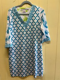 Gretchen Scott Turquoise Moroccan Print Soft Nylon Dress With Lime Green Lobster Print Reverse Lining - XL