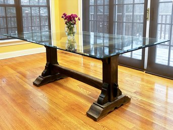 An Attractive Custom Trestle Base Farm Table - With Custom Glass Top - Matching Wood Top Available Too
