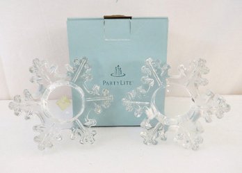 A Pair Of PartyLite Glass Snowflake Tealight Candle Holders - NIB