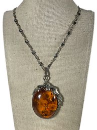 Huge Sterling Silver Pendant Necklace Chain W Large Genuine Amber Stone