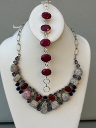 Purple And Red Druzy, Smoky Lavender And Ruby Glass Sterling Necklace And Bracelet Jewelry Set