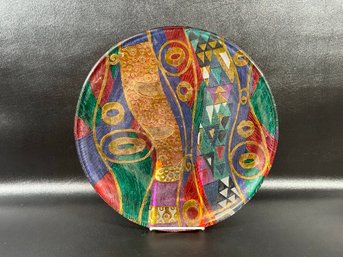 Vintage 1990s Hand-Painted Abstract Art Glass Platter