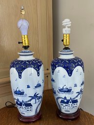 Pair Of 2 Blue & White Table Lamps SHIPS & TOWN Motif Openwork Top Edge NO SHADES- Both Work