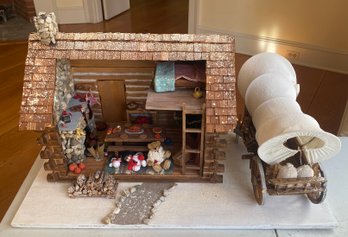 1800's Winter Scene Log Cabin And Wagon Replica