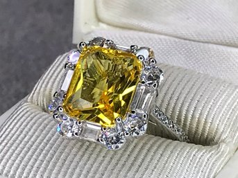 Stunning Brand New 925 / Sterling Silver Ring With Intense / Vivid Yellow Tourmaline With White Zircons