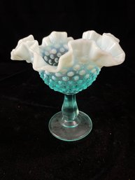 FENTON GLASS BLUE OPALESCENT HOBNAIL CANDY DISH ON PEDESTAL