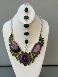 Purple Agate, Peridot Glass And Green Topaz Glass Sterling Necklace And Natural Emerald Bracelet Jewelry Set