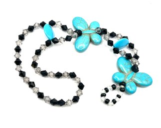 Vintage Turquoise Color Butterfly Black And White Beaded Bracelet