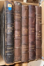 FIVE LEATHER BOUND VOLUMES OF THE HARVARD DAILY CRIMSON, 1886 - 1890 AND 1897 - 1898