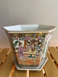 Mid-20th Century Chinese Famille Rose Hexagonal Planter & Base Dish