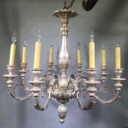 ($800 Price Tag) Large Vintage Silver Gilt Italian Hand Carved  Wood Chandelier - New Candle Covers - NICE !