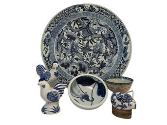 Collection Of Vintage & Modern Asian Serving Pieces & Decor Primarily In Blue & White