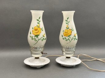 A Pair Of Vintage Milk Glass Hurricane Lamps, Hand-Painted