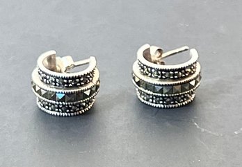 WIDE STERLING SILVER MARCASITE HOOP EARRINGS