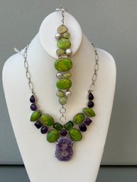 Green Copper Turquoise, Solar Quartz, Amethyst, Peridot Druzy Sterling Necklace And Bracelet Jewelry Set