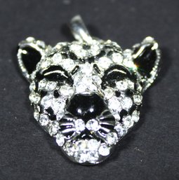 Black White Rhinestone Panther Face Pendent In Silver Tone