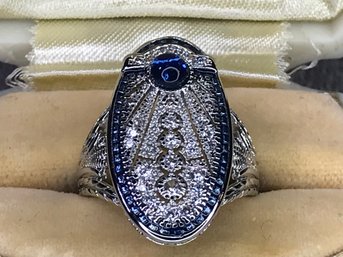 Fabulous 925 / Sterling Silver Art Deco Style Ring With Sapphire And White Topaz - Very Pretty Ring - NEW !