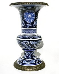 A Large Chinese Transferware Vase With Bronze Details