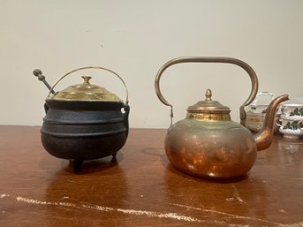 Solid Copper Goose Neck Copper Kettle Tea Pot & Vintage Cast Iron & Brass Fire Starter Lighter Tir.