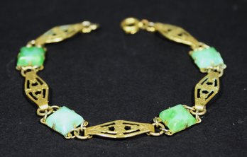 Art Deco Gold Tone Bracelet Having Jadeite Glass Stones 7 1/4' Long