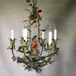 ($400 Price Tag) Very Nice Vintage Tole Chandelier With Bird - Thurland Castle Verdigris Finish - Very Nice !