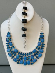 Blue Fire Opal And Sapphire Glass Silver Necklace And Blue Onyx Silver Bracelet Jewelry Set