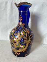 Antique Bohemian Cobalt Glass Decanter With Enamel Paint Decoration