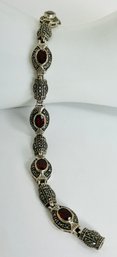 STERLING SILVER GARNET AND MARCASITE LINK BRACELET