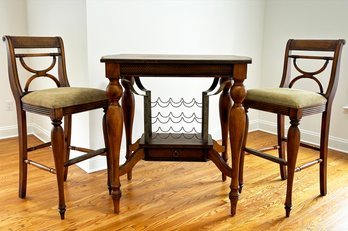 A Carved Oak High Top Wine Tasting Table And Set Of Two Stools - Wonderful For Tasting Room Or Kitchen Island