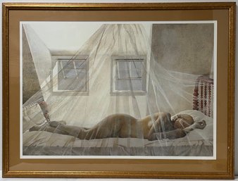 Framed & Matted Print - Daydream Day Dream Andrew Wyeth - Nude In Bed - 1980 - Windows Netting - 27 X 35.5