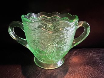 Vintage Uranium Glass Textured Double Handle Sugar Bowl