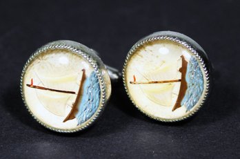 Reverse Painted Sailing Ship Art Deco Gent's Cufflinks