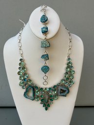 Silver Green Agate And Green Topaz Necklace And Druzy Turquoise Silver Bracelet Jewelry Set