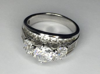 Fabulous 925 / Sterling Silver Engagement Style Ring Encrusted With Sparkling Cubic Zirconia - VERY NICE !