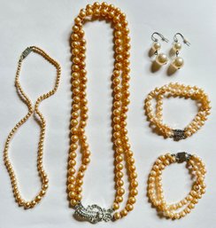 2 Vintage Faux Pearl Necklaces, 1 With Rhinestone Clasp, 2 Faux Pearl Bracelets & Dangling Earrings