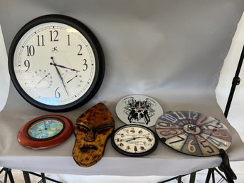Lot Of Wall Clocks And Carved Wood Face