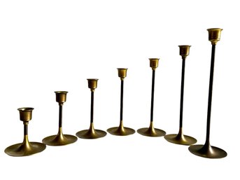 Seven Piece Set Of MCM Brass & Teak Tulip Candlestick Holders