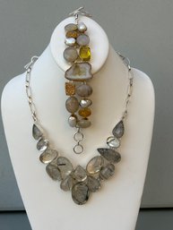 Tourmaline Quartz Sterling Silver Necklace And Gold Druzy, Agate And Citrine Quartz Bracelet Jewelry Set