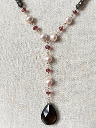 DESIGNER ZOE B 14K GOLD SMOKY TOPAZ GARNET AND PEARL NECKLACE