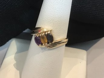 14K Yellow Gold 3 Stone Mothers Ring  Amethyst, Topaz , Garnet Size 8  # 18