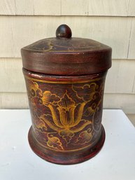 Vintage Asian Container With Lid Made With Woven Bamboo Wood, Lotus Motif