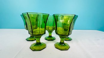 Vintage Independence Glass Panel Avocado Green Octagonal Water Goblets - Set Of 6