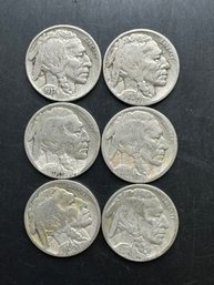 6 Buffalo Nickels 1916, 1920, 1927, 1928, 1929, 1937