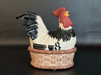 A Fabulous Vintage Crowing Rooster On A Basket Nest In Glazed Ceramic