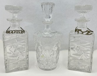 3 Vintage Crystal Decanters & 2 Metal Napier Label Tags For Scotch & Rye