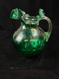 Large Emerald Green FENTON Glass Pitcher Inverted Optic Thumb Print Coin Dot