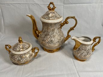Vintage Porcelain GKC Bavaria Teapot Creamer Sugar Set Gold Gilt Flower Design No Chips